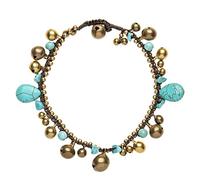 81stgeneration Gold Tone Brass Beaded Cord Anklet With Bells and Turquoise Beads - Indian Style Ankle Bells - Feet Jewellery for Women - Blue Gemstone Dangling Bead Ankle Bracelet - Boho Gypsy Fashion