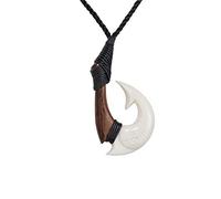 81stgeneration Hand-Carved Bone and Wood HEI Matau Shark Pendant - Men's Surfer Accessory - Handmade Maori-Style Fish Hook Cord Necklace - Wooden Tribal Jewellery for Women - Gift for Ocean Lovers