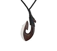 81stgeneration Hand-Carved Bone and Wood Long HEI Matau Pendant - Men's Surfer Accessory - Handmade Maori-Style Fish Hook Cord Necklace - Wooden Tribal Jewellery for Women - Gift for Ocean Lovers
