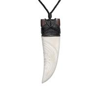 81stgeneration Hand-Carved Bone and Wood Long Niho Shark Tooth Pendant with Tribal Pattern Engraving - Men's Surfer Cord Necklace - Handmade Maori-Style Jewellery for Women - Wooden Talisman