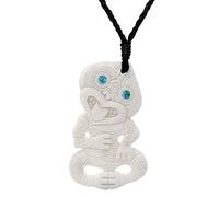 81stgeneration Hand-Carved Bone HEI-Tiki Pendant with Paua Shell Eyes - Spiritual Symbol Cord Surfer Necklace for Men - Women's Maori-Style Taonga Amulet - Unique Tribal Handmade Statement Jewellery