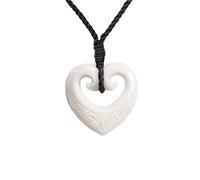 81stgeneration Hand-Carved Bone Large Double Koru Heart Pendant Necklace - Men's Surfer Accessories - Handmade Tribal Black Cord Necklace - Maori-Style Natural Jewellery for Women