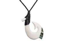 81stgeneration Hand-Carved Bone Large Hei Matau Pendant With Paua Shell - Men's Surfer Accessory - Handmade Maori-Style Fish Hook Cord Necklace - Abalone Tribal Jewellery for Women - Ocean Lovers Gift