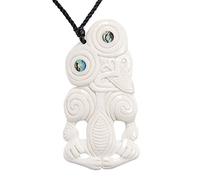 81stgeneration Hand-Carved Bone Paua Shell Extra Large HEI-Tiki Pendant Necklace - Natural Bone Cord Surfer Necklace for Men - Women's Maori-Style Taonga Amulet - Tribal Handmade Statement Jewellery