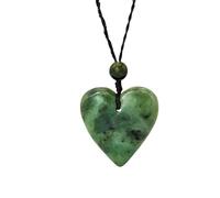 81stgeneration Hand-Carved Nephrite Jade Large Heart Pendant - Women's Black Cord Surfer Necklace - Handmade Boho Natural Greenstone Tribal Jewellery - Green Gemstone Maori Style Statement Amulet