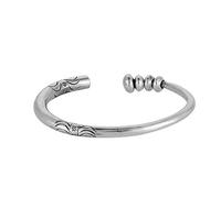 81stgeneration Hill Tribe Silver Chunky Torque Bangle With Rotating Beads and Tribal Pattern Engraving - 999 Solid Silver Heavy Tapered Round Tube Open Bangle for Women - Handmade Fidget Boho Bracelet