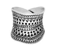 81stgeneration Hill Tribe Silver Tribal Motif Wrap Ring - Adjustable Wide Concave Band With Geometric Pattern - Nature-Inspired Jewellery for Women - Handmade Artisan Boho Rings