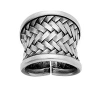 81stgeneration Hill Tribe Silver Wide Basket Weave Adjustable Ring - 999 Solid Silver Concave Woven Band for Women - Rustic Textured Design - Bohemian Medieval Style Tribal Statement Jewellery