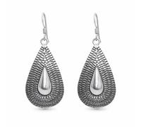 81stgeneration Karen Hill Tribe Silver Extra Large Teardrop Earrings Flat Textured Design - 925 Sterling Silver Statement Jewellery for Women - Boho Handmade Festival Earrings