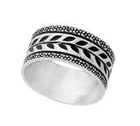 81stgeneration Karen Hill Tribe Silver Leaf Vine Engraved Ring 999 Pure Silver - Nature-Inspired Wide Band Rings for Women - Laurel Leaf Pattern Design - Handmade Boho Jewellery
