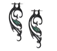 81stgeneration Large Black Horn Leaf Vine Earrings With Simulated Turquoise and Stick Posts - Tribal Handmade Pin Earrings for Men - Gothic Long Floral Scroll Earrings - Black Earrings for Women