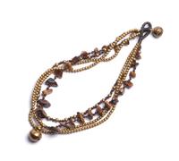 81stgeneration Multi-Strand Gold Tone Brass Beaded Anklet with Bells and Tiger Eye Beads - Indian Style Cord Ankle Bells - Foot Jewellery for Women - Gemstone Ball Bead Ankle Bracelet - Gypsy Anklet
