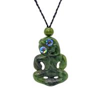 81stgeneration Nephrite Jade Small HEI Tiki Pendant with Paua Shell Eyes - Maori Style Cord Necklace for Women - Natural Greenstone Jewellery for Men - Hand-Carved Green Gemstone Talisman