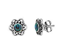 81stgeneration Sterling Silver Abalone Filigree Flower Stud Earrings for Women - Ornate Vintage-Style Floral Studs in 925 Silver - Boho Colorful Gemstone Jewellery - Small Paua Shell Earrings