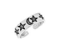 81stgeneration Sterling Silver Band Toe Ring With Engraved Sun, Moon, and Stars - Celestial Midi Finger Pinky Adjustable Rings for Women - 925 Silver Foot Jewellery for Women - Witchy Gothic Fashion