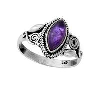 81stgeneration Sterling Silver Filigree Marquise Amethyst Ring Vintage-Style - Indian Solitaire Purple Stone Ring in 925 Silver - Ornate Boho Gemstone Jewellery for Women - Gothic Birthstone Gift