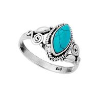 81stgeneration Sterling Silver Filigree Marquise Turquoise Ring Vintage-Style - Indian Solitaire Blue-Green Stone Ring in 925 Silver - Ornate Gemstone Jewellery for Women - Gothic Birthstone Gift