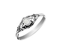 81stgeneration Sterling Silver Floral Filigree Oval Mother of Pearl Cabochon Ring for Women - Gothic Victorian-Inspired 925 Silver Ring - Art Nouveau Vintage-Style Ornate Leaf Openwork Jewellery