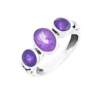 81stgeneration Sterling Silver Oval Amethyst Trilogy Ring for Women - Faceted Purple Crystal Ring in 925 Silver - Bezel-Set Three Stone Design - Boho Triple Gemstone Rings - Modern Birthstone Gift