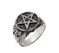 81stgeneration Sterling Silver Pentacle and Fire Medallion Ring for Men - Chunky 925 Silver Star Ring With Flames - Gothic Pentagram Jewellery for Women - Bold Biker Statement Rings - Wiccan Gift
