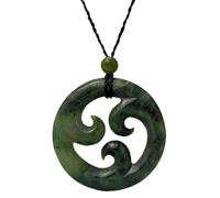 81stgeneration Women's Men's Carved Nephrite Jade Round Disc Triple Koru Fern Frond Pendant Necklace