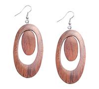 81stgeneration Women's Wood 925 Sterling Silver Oval Hoop Mod 60s Brown Dangle Earrings