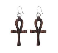 81stgeneration Wooden Ankh Cross Earrings With 925 Silver Hooks - Egyptian Hieroglyph Brown Dangle Earrings for Women - Crux Ansata Natural Wood Jewellery - Pagan Symbol Boho Style Earthy Earrings