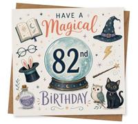 82nd Birthday Card, Crystal Ball, Cat, Owl and Stars | Starry wizard theme with crystal ball centrepiece, witch hat, wand and spell book, plus cat and owl-82nd birthday.
