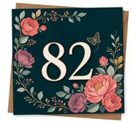 82nd Birthday Card for Her, Botanical Border & Floral 82 | For her 82nd: a large 82 on dark green, with a delicate botanical border and pretty floral blooms.