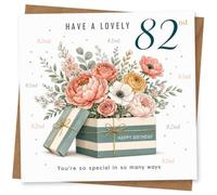 82nd Birthday Card for Her, Floral Gift Box | Floral gift box artwork with repeated age detail and a bright "Happy Birthday" message, made especially for her 82nd.