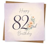 82nd Birthday Card for Her, Large 82 & Pastel Blooms | Celebrate her 82nd with a big 82, delicate pastel flowers and greenery, plus flowing script “Happy” and “Birthday” text.