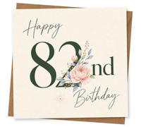 82nd Birthday Card for Her, Sage Green 82 & Blush Peony | Features ‘Happy 82nd Birthday’ in flowing script, with a sage-green 82, blush peony flowers and leafy sprigs for her.