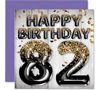 82nd Birthday Card for Men - Black & Gold Glitter Balloons - Happy Birthday Cards for 82 Year Old Man Dad Great Grandad Grandpa Gran, 145mm Bday Greeting Cards Gift