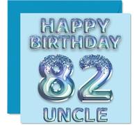 82nd Birthday Card for Uncle - Blue Glitter Party Balloons - Happy Birthday Cards for 82 Year Old Uncle from Nephew Niece, 145mm Bday Greeting Cards Gift
