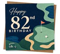 82nd Birthday Card, Golf Green, Flag and Buggy | Navy and green golf-course scene with putting flag, ball and buggy; celebrates an 82nd birthday in sporty style.