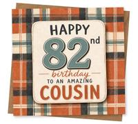 82nd Birthday Card, Plaid Tartan, Big 82, Cousin | Cheerful tartan plaid front with a large “82” and the printed message “Happy 82nd birthday to an amazing cousin”.