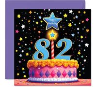 82nd Birthday Cards for Men Women - Pink Cake & Stars - Happy Birthday Card for 82 Year Old Man Woman Husband Dad Grandma Nan, 145mm Bday Greeting Cards