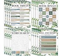82Pcs Greenery Reading Themed Games Cards for Adults Eucalyptus Book Trivia Bingo Word Search Roll and Share Game Books Lover Party Supplies for School Classroom Book Club Library Activity Birthday