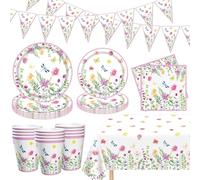 83 Pack Spring Flower Party Supplies Floral Paper Plates Banner, Tablecloth, Napkins Summer Wildflower Baby Shower Birthday Tableware Decorations for Spring Picnic Wedding Tea Party Serves 20