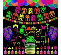 83 Pieces Glow Neon Birthday Party Supplies - Neon Balloons, Glow in the Dark Happy Birthday Banner with UV Black Light Reactive Photo Booth Props and Cake Topper for Glow Party Decorations (Set 03)