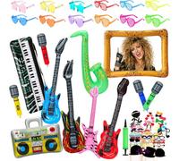 83Pcs Inflatable Instruments Party Props with Funny Sunglasses Set, Inflatable Rock Star Toy Guitar Saxophone Bass Microphones Recorder Piano Photo Booth, 80s 90s Rock N Roll Music Party Decorations