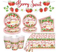 83PCS Strawberry Party Decorations Strawberry Theme Birthday Party Supply Berry Sweet Baby Shower Decorations Fruit Themed Decor Berry First Birthday Tableware Set - Plates Tablecloth Cups Serves 20