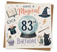 83rd Birthday Card, Crystal Ball, Cat, Owl and Wand | Reads “Have a Magical Birthday” alongside crystal ball, wizard hat, spell book and wand, plus cat and owl-83rd.