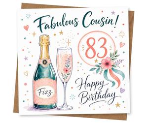 83rd Birthday Card, Fabulous Cousin, Fizz & Florals | Features “Fabulous Cousin!” with big 83, a Fizz champagne bottle, floral flute and colourful confetti for an 83rd birthday.
