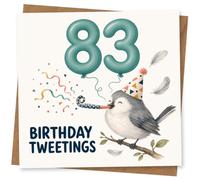 83rd Birthday Card for Her, Birthday Tweetings Party Bird | Send her 83rd birthday wishes with a cute bird in a party hat, bold teal balloon numbers and the pun “Birthday Tweetings”.