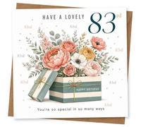83rd Birthday Card for Her, Bouquet Gift Box & Message | Charming bouquet-in-a-box artwork with a cheerful "Happy Birthday" message and special-age styling for her 83rd.