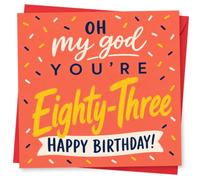 83rd Birthday Card for Her, Coral Confetti Oh My God | Bold coral sprinkle-confetti design with “Oh my God you’re Eighty-Three” and “Happy Birthday!” for her 83rd.