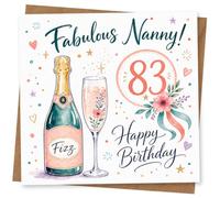 83rd Birthday Card for Nanny, Fabulous Fizz | Celebrate Nanny’s 83rd with ‘Fabulous Nanny!’ plus a big 83, fizz bottle and champagne flute, floral sprigs and confetti.