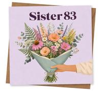 83rd Birthday Card for Sister, Lilac Bouquet ' 83' | Bold “Sister 83” text meets a vibrant hand-held bouquet of mixed blooms on lilac for her 83rd birthday.