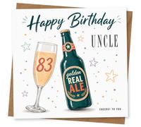 83rd Birthday Card for Uncle, Real Ale & Cheers Confetti | Beer-themed 83rd for Uncle featuring a golden real ale bottle, a bubbly glass marked “83” and “Cheers! To You” message.